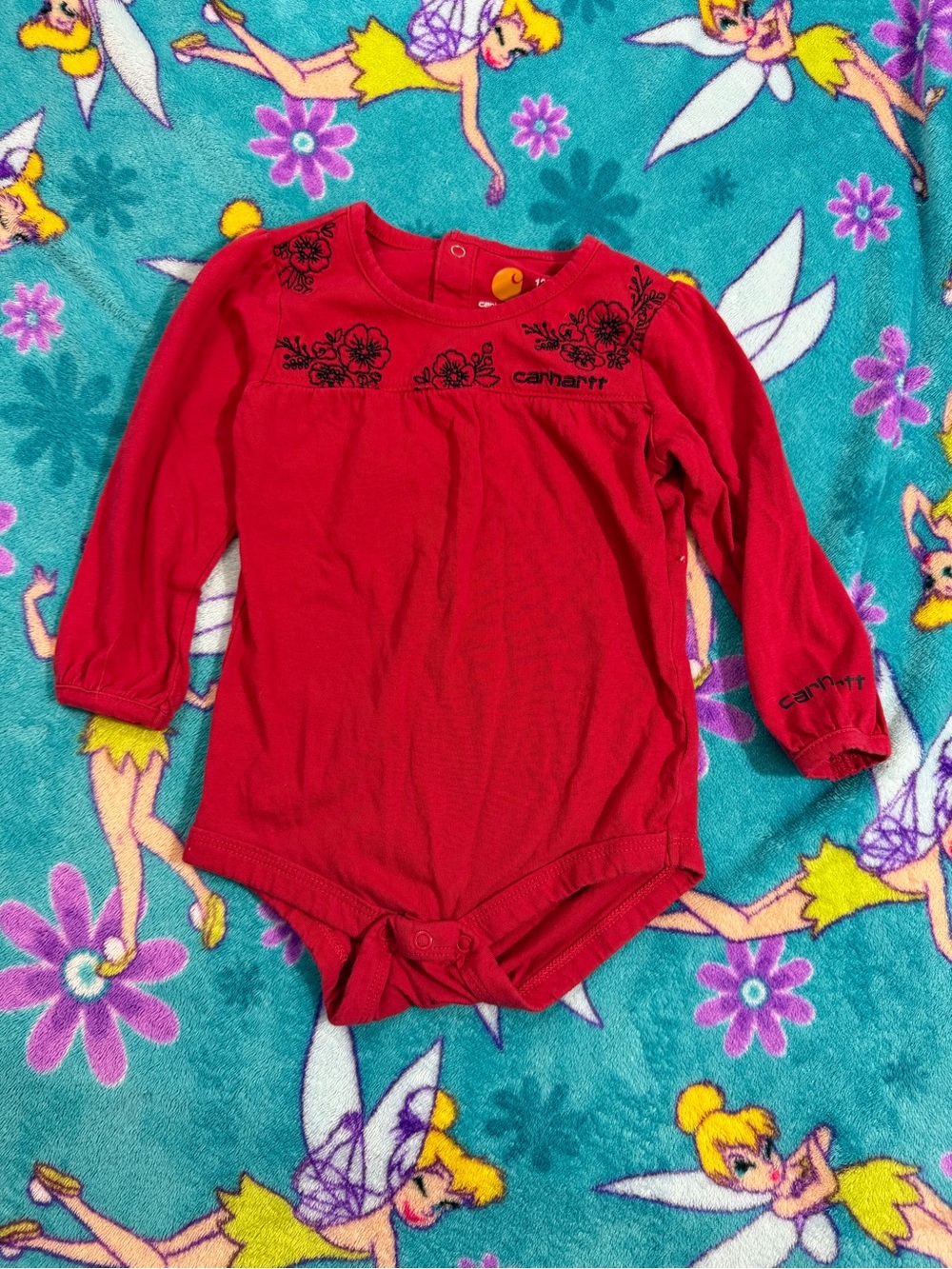 Carhartt Baby Girls 12M Red Long Sleeve Floral Embroidered Bodysuit Onesie